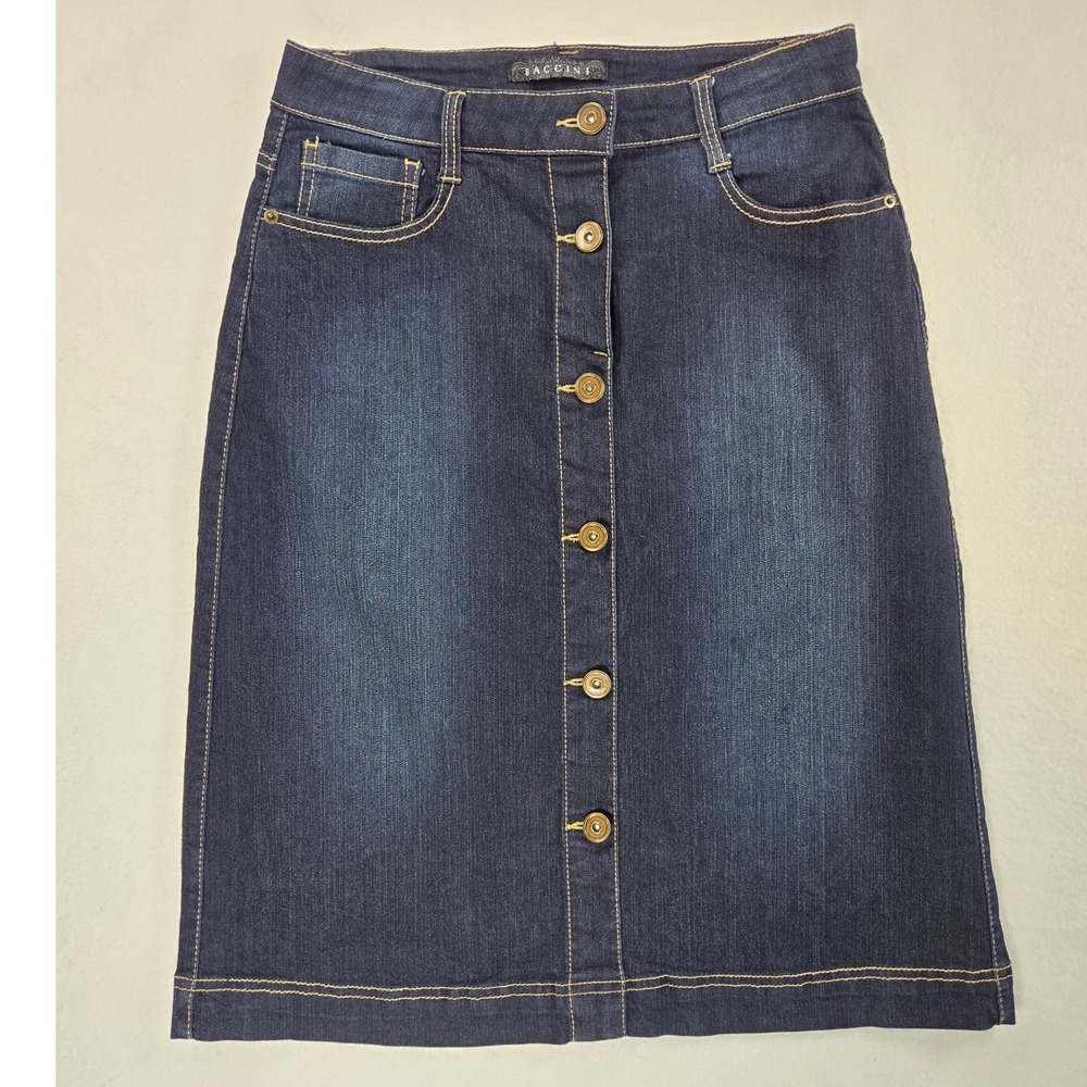 Baccini Indigo Denim Jean Midi Knee Calf Y2K 1990s Button Stretch Skirt Sz 6